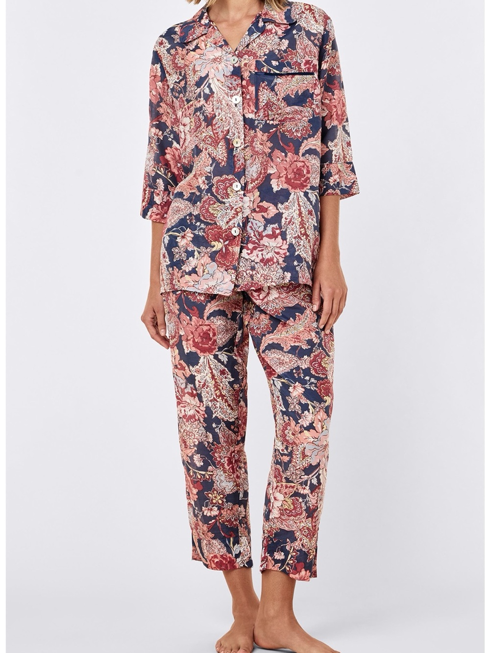 NWT PAPINELLE Ella Cotton & Silk Floral Navy & Pink Pajama Pants Set